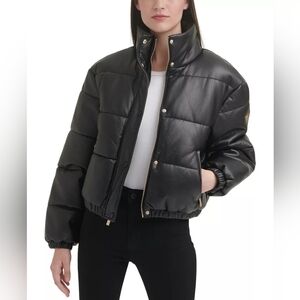 GUESS Women's Faux-Leather Puffer Coat Jacket Size Medium Black